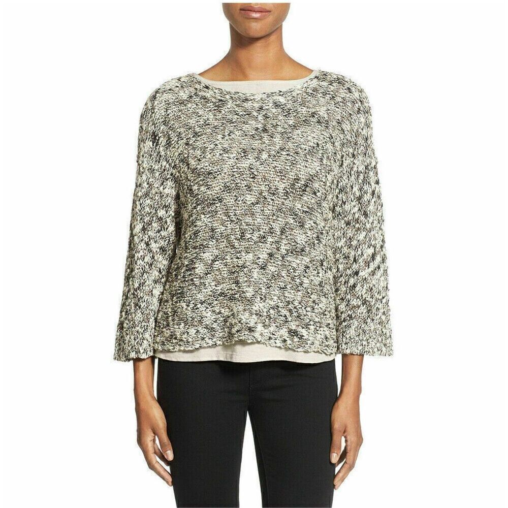 EILEEN FISHER Natural Black White Cotton Blend Slub Melange Boxy Sweater PM